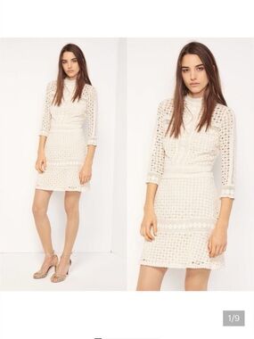 BA&SH Open Knit Lace
Crochet Embroidered Long Sleeve Mini Dress Ecru Cream